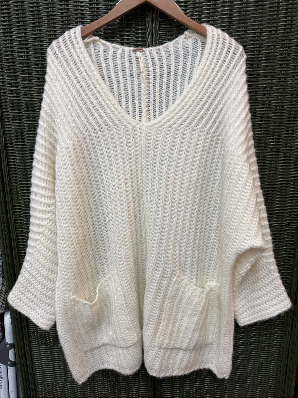 Free People Ivory Oversized Ladder Knit Pocket Tunic Sweater XS